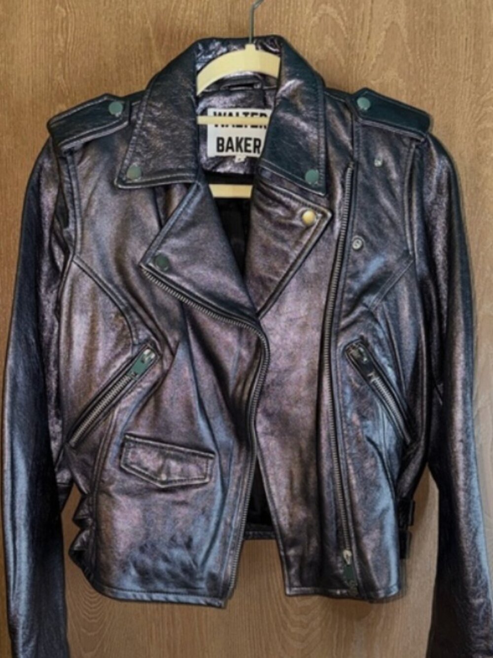 Walter Baker Liz Metallic Leather Crop Moto Jacket Silver Grey (Size S)
